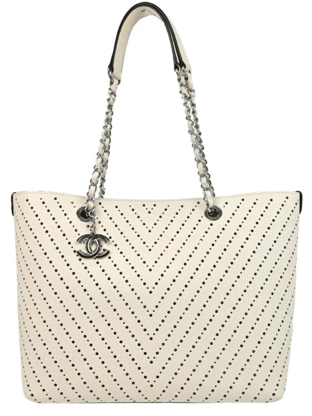 Chanel White Perforated Calfskin Chevron Shopping Tote Bag Handbag 179636